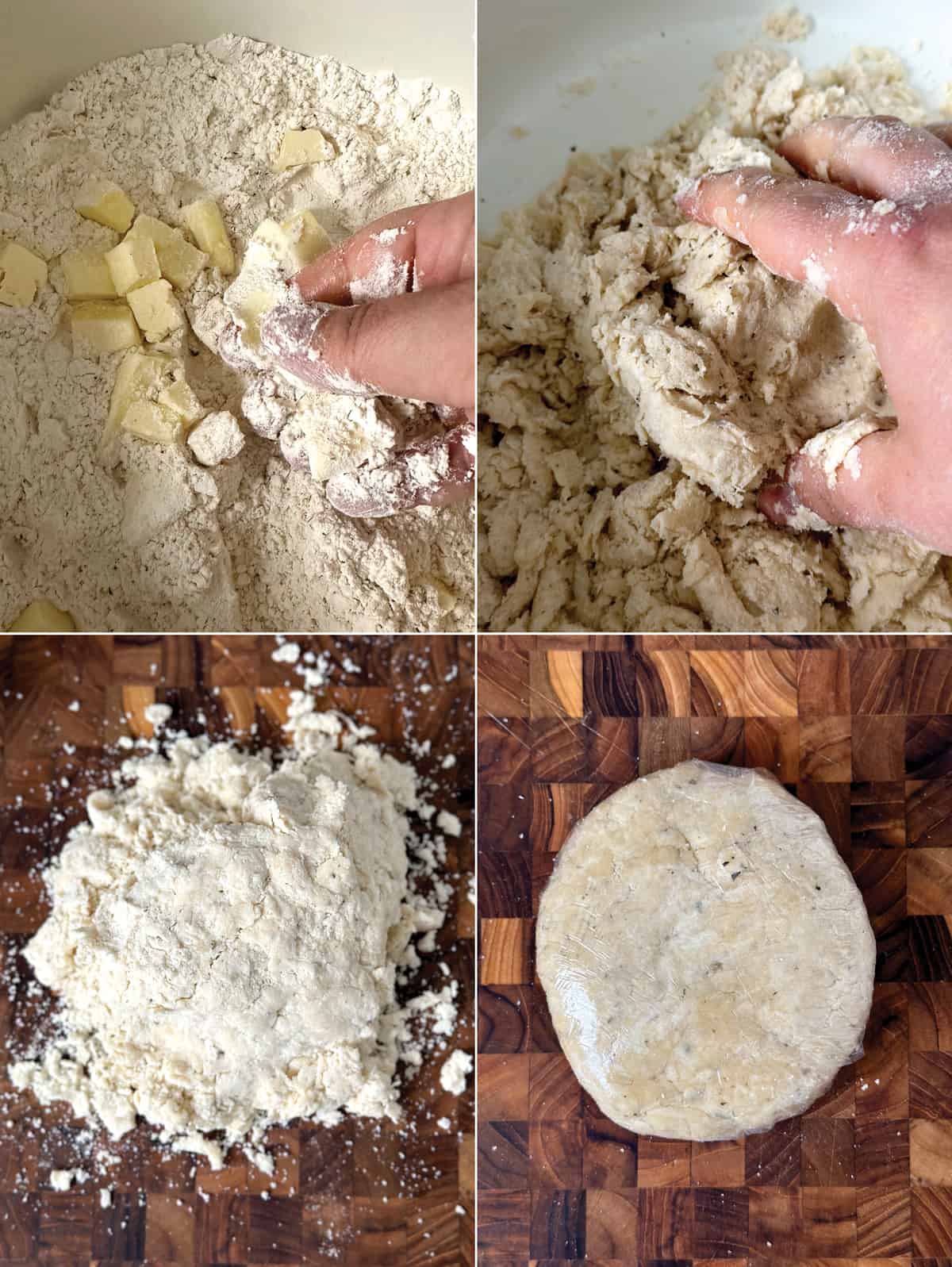 Four images. Top left, a hand with butter and flour between the fingers over a bowl. Top right, a hand mixing flour and butter in a bowl. Bottom left, dough on a cutting board. Bottom right, dough wrapped in cling film on a cutting board.