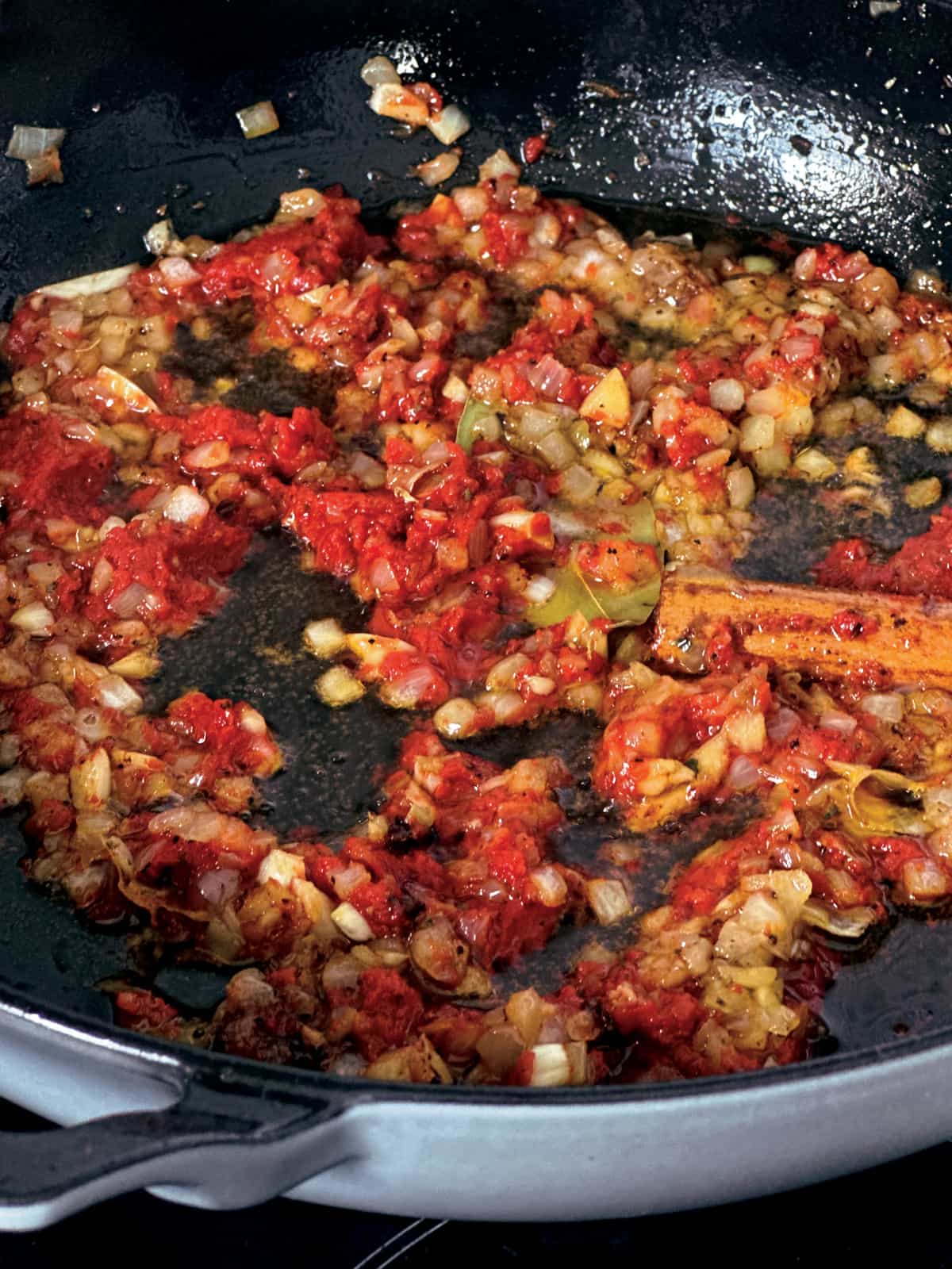 Tomato paste, diced onions, garlic and a cinnamon stick in a skillet with olive oil.