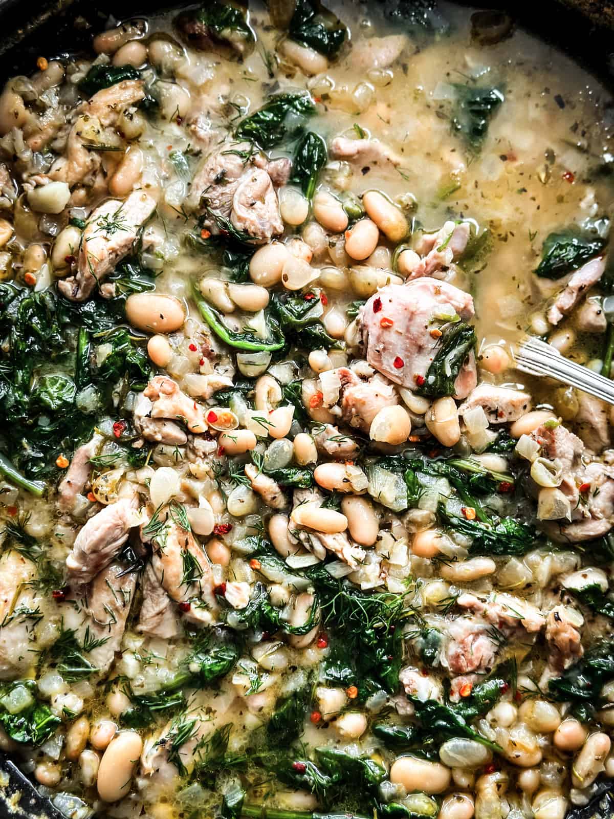 Chicken pieces, beans, spinach and dill stew.