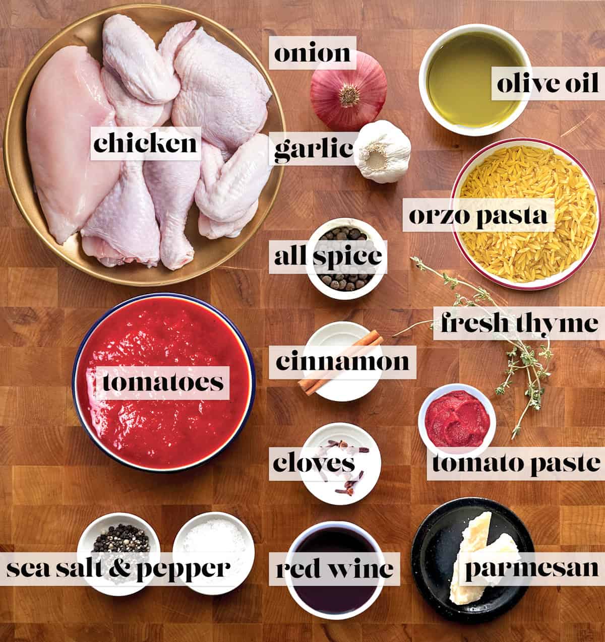 Ingredients for making giouvetsi-Greek chicken with orzo-kotopoulo kritharaki in tomato sauce.