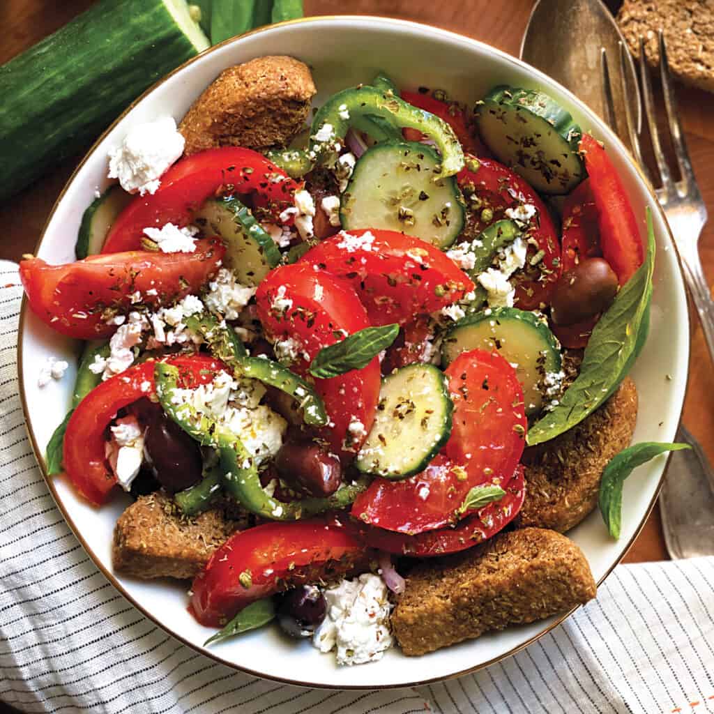 A plate with Greek salad.