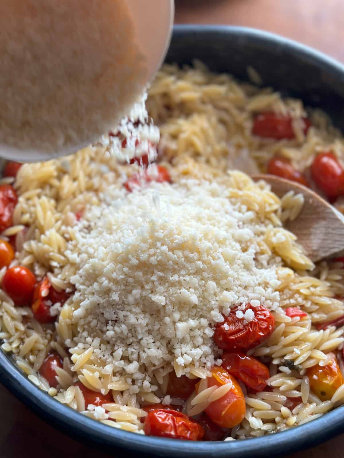 Close up of grated parmesan being added to roasted tomatoes and orzo pasta.