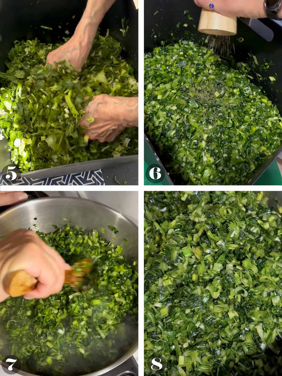 Four images of massaging greens, adding pepper, cooking over the stove in a pot and a close up of the greens cooked.