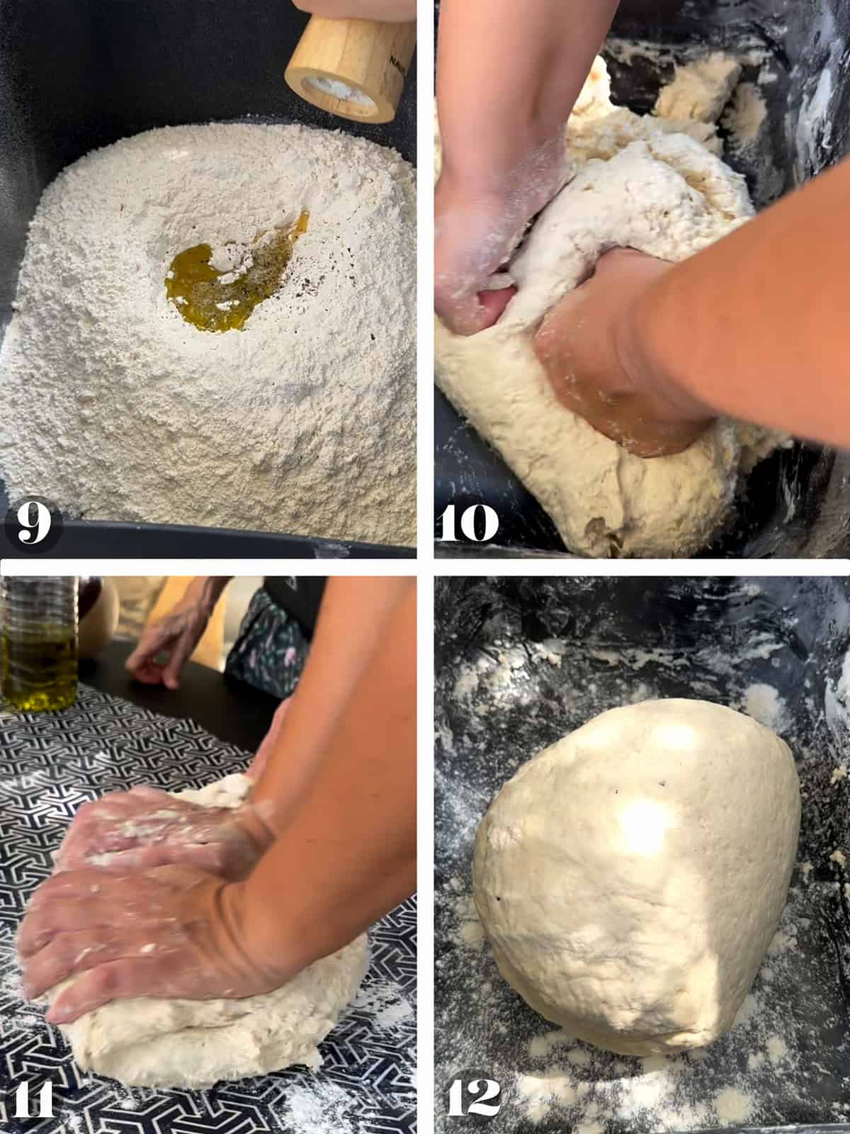 Four images of flour in a bowl with olive oil, hands kneading in the bowl and on a floured surface and the dough in a bowl.