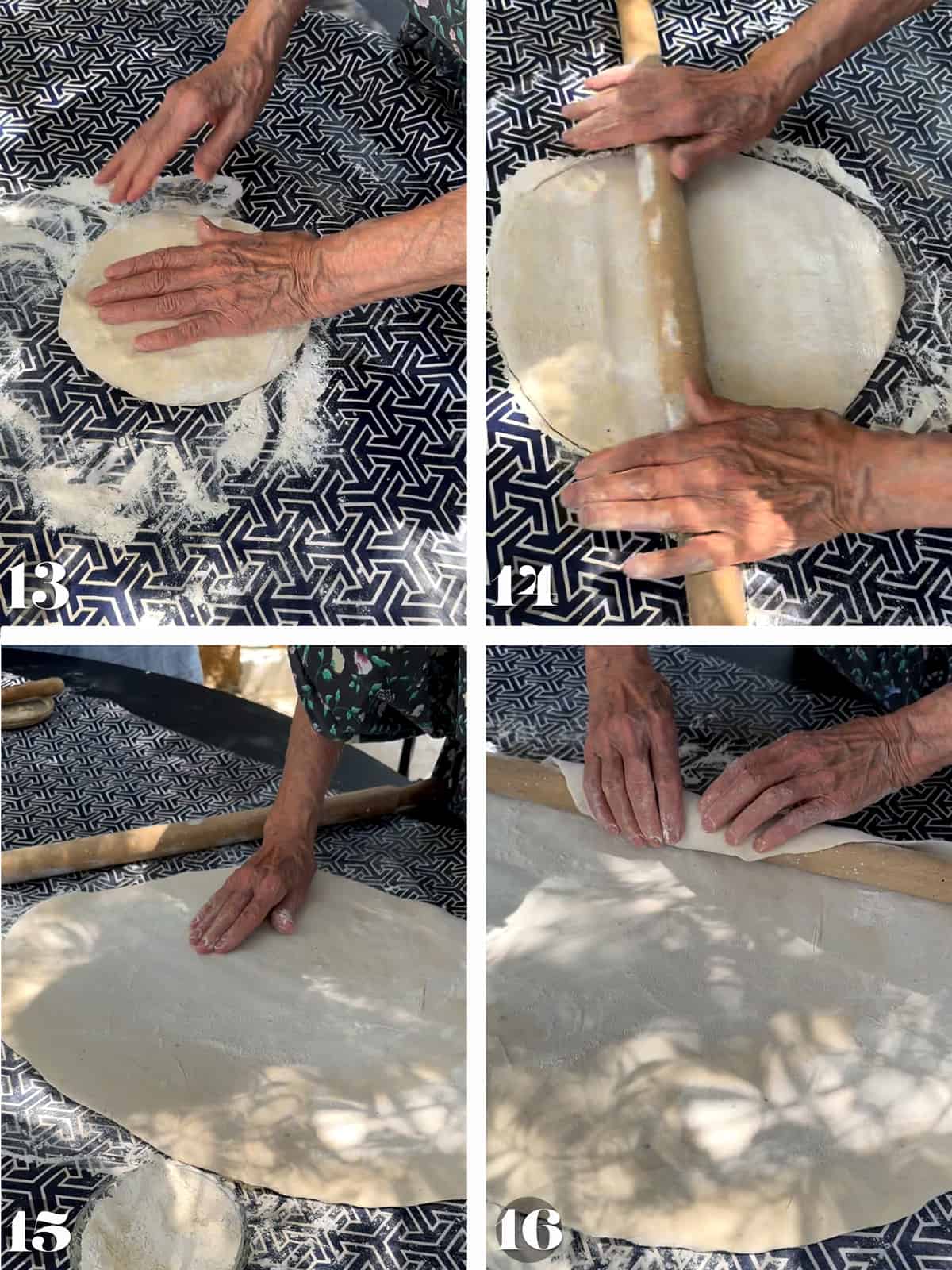 Four images of hands flattening the dough on a table, rolling it with a rolling pin, adding flour on top and rolling it on the rolling pin.