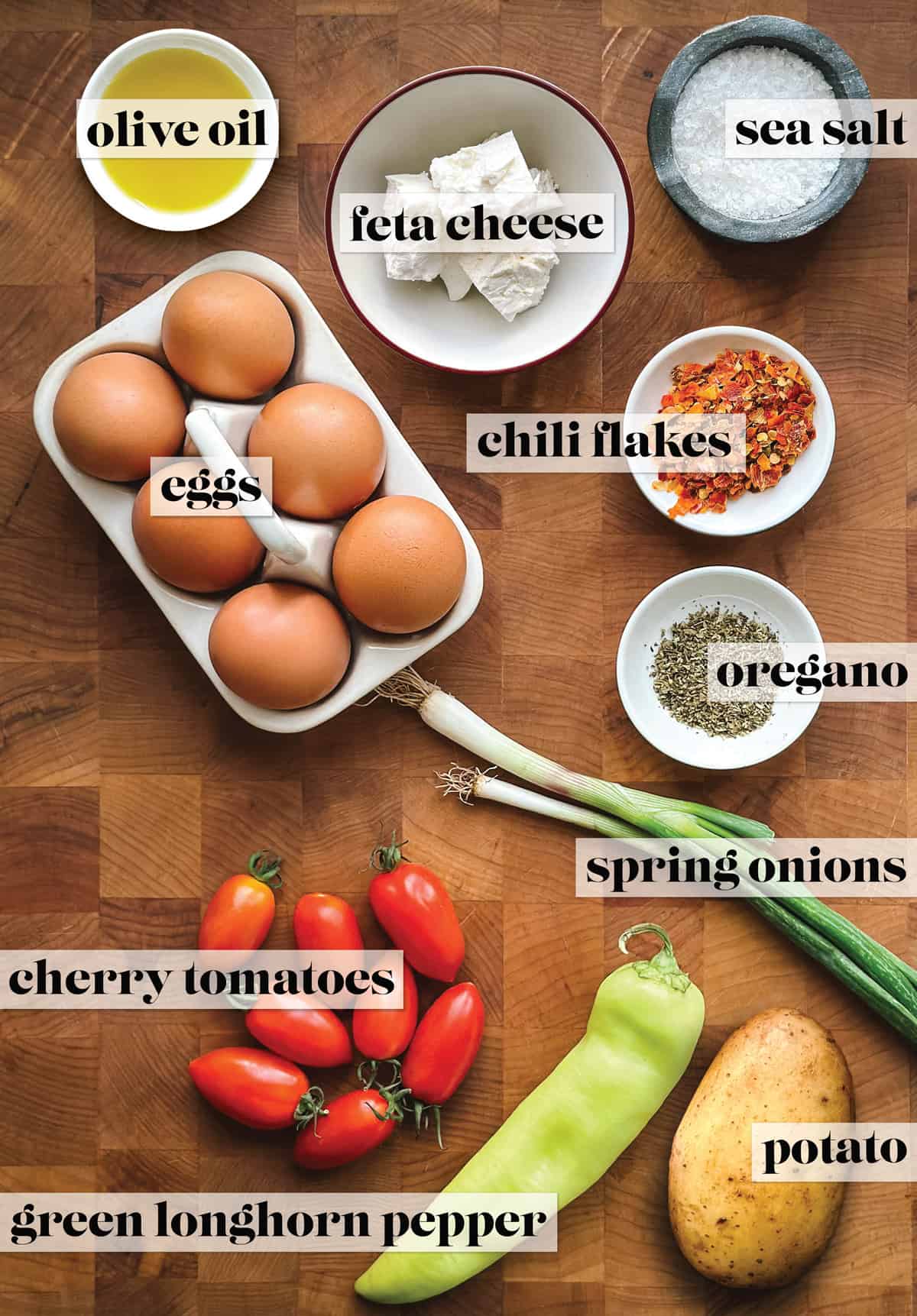 Ingredients to make Greek omelette.