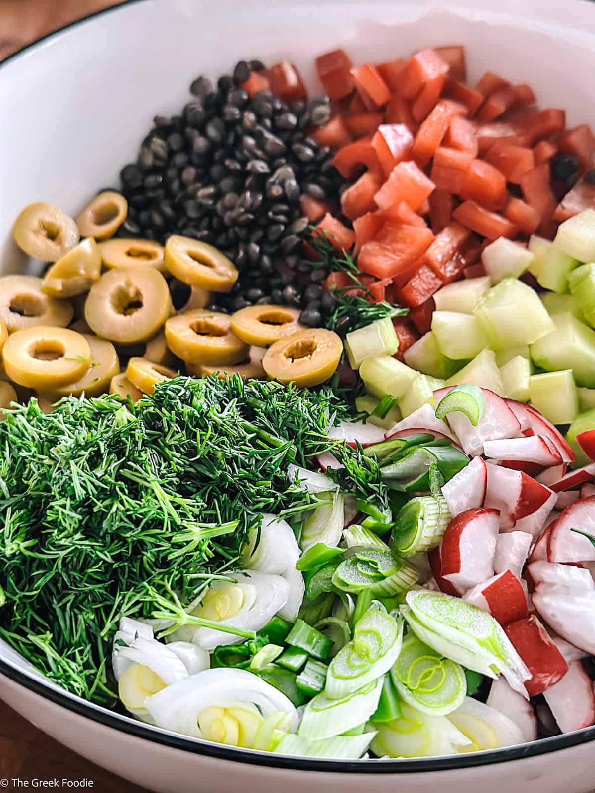 A bowl with sliced scallions, diced peppers, sliced radishes and chopped dill with black lentils.