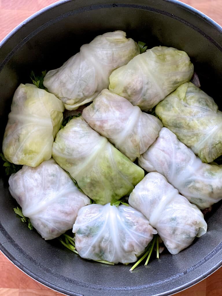 Stuffed cabbage rolls in a pot.