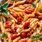 A baking pan with pasta with tomatoes and feta and fresh basil.