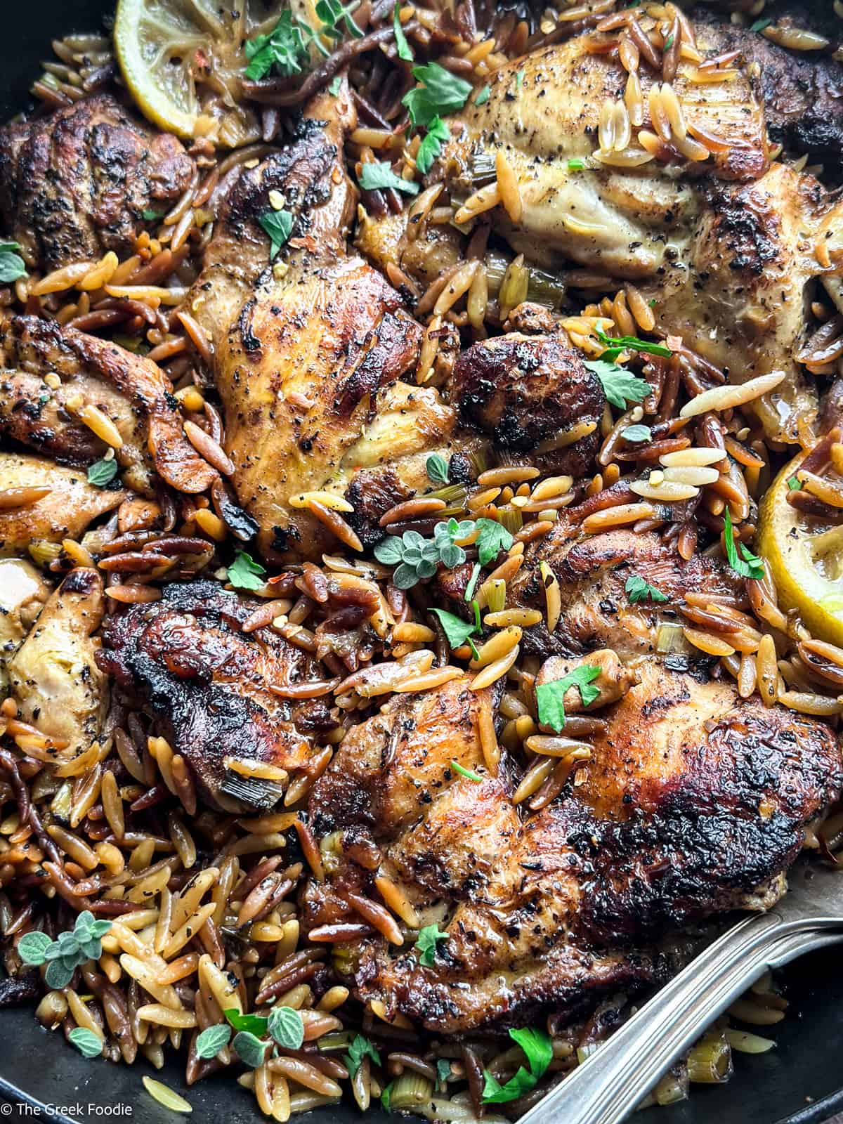 Greek lemon chicken orzo in a skillet with lemon slices