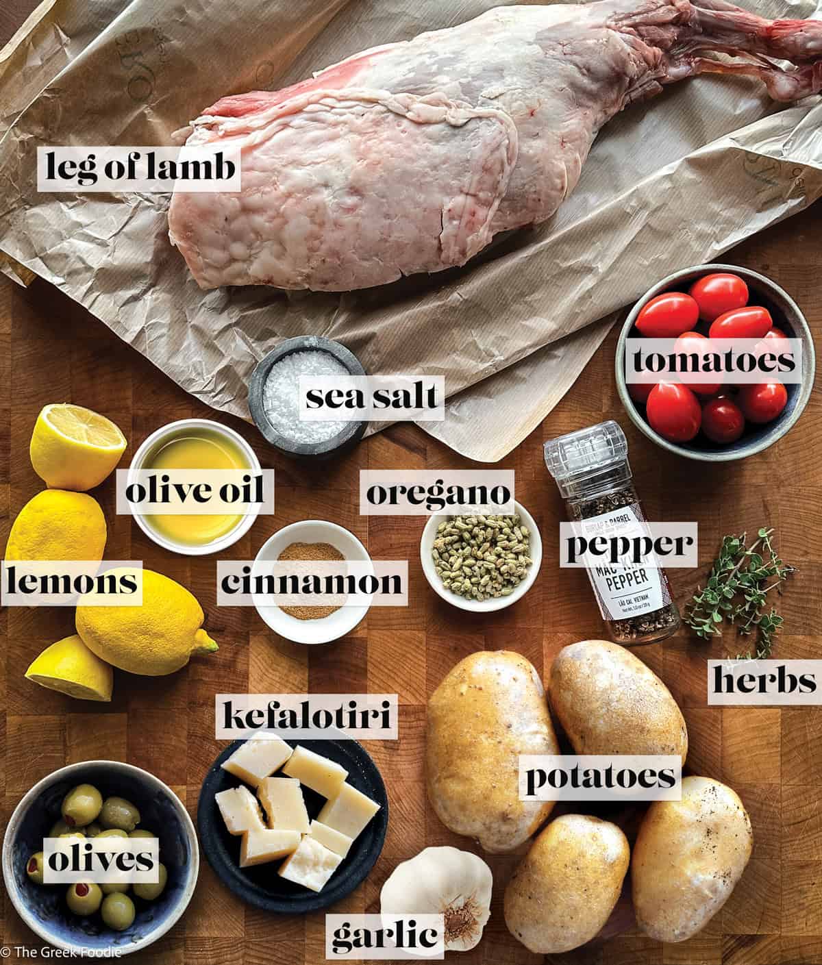 Kleftiko-leg of lamb recipe ingredients.
