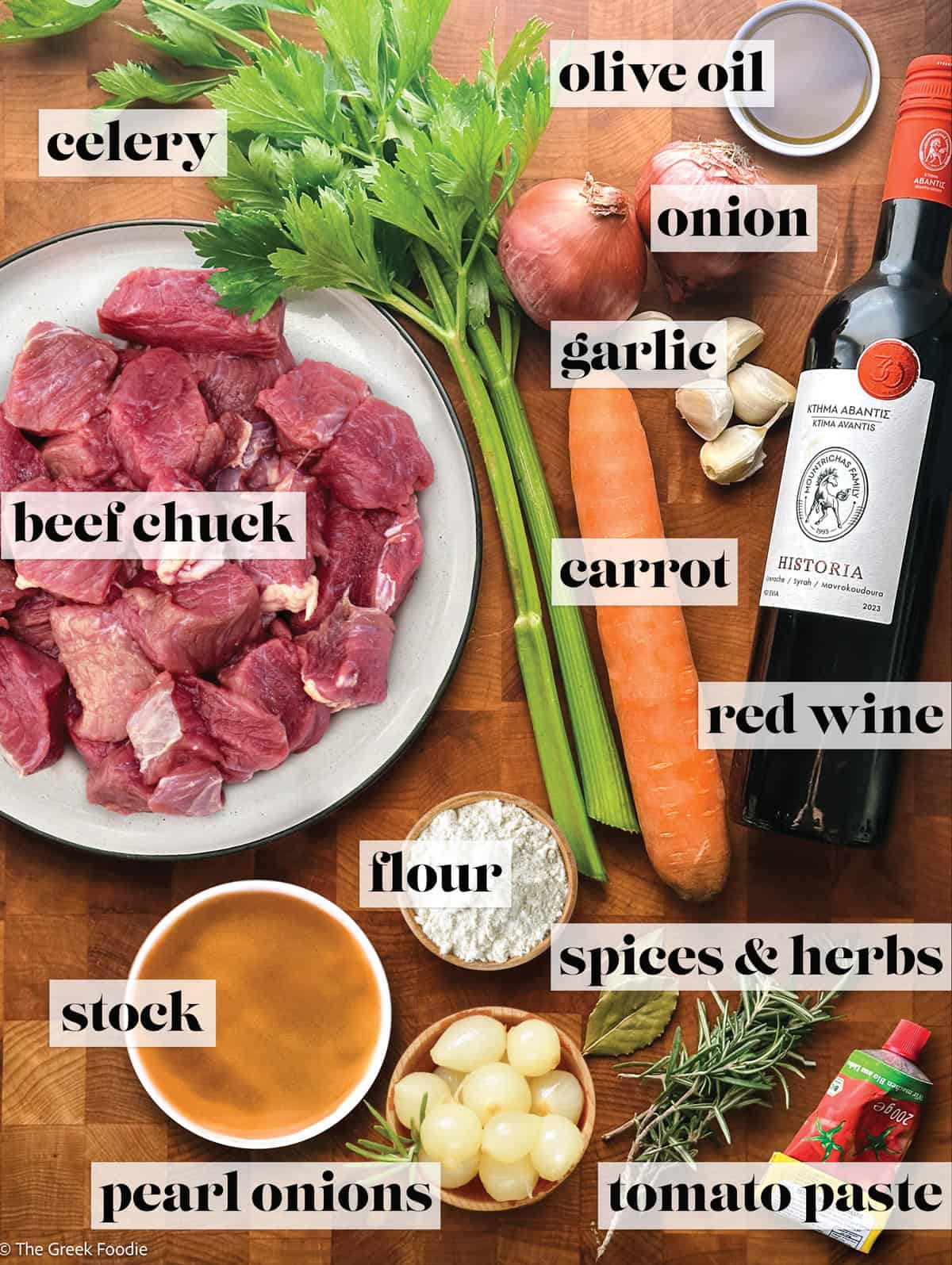 Beef pieces, olive oil, onions, carrots, celery, pearl onions, red wine, stock, some fresh and dry herbs and a tube of tomato paste.
