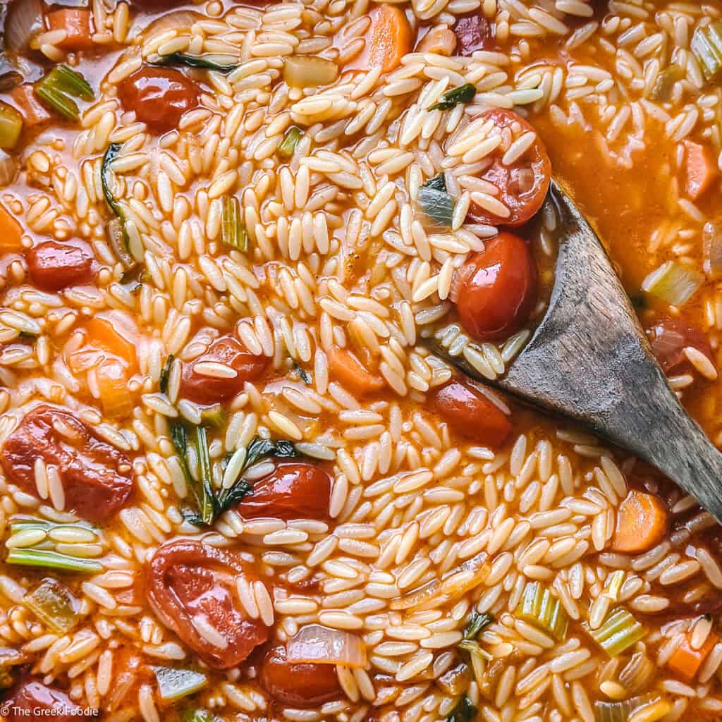 A pot with manestra-Greek orzo soup, comfort food.