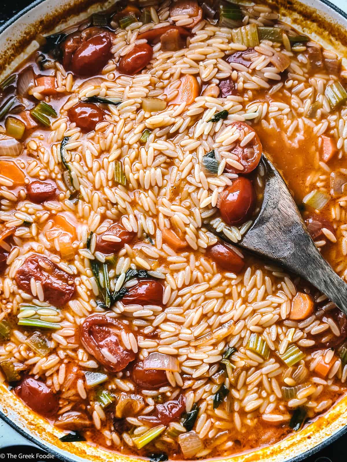 A pot with manestra-Greek orzo soup, comfort food.