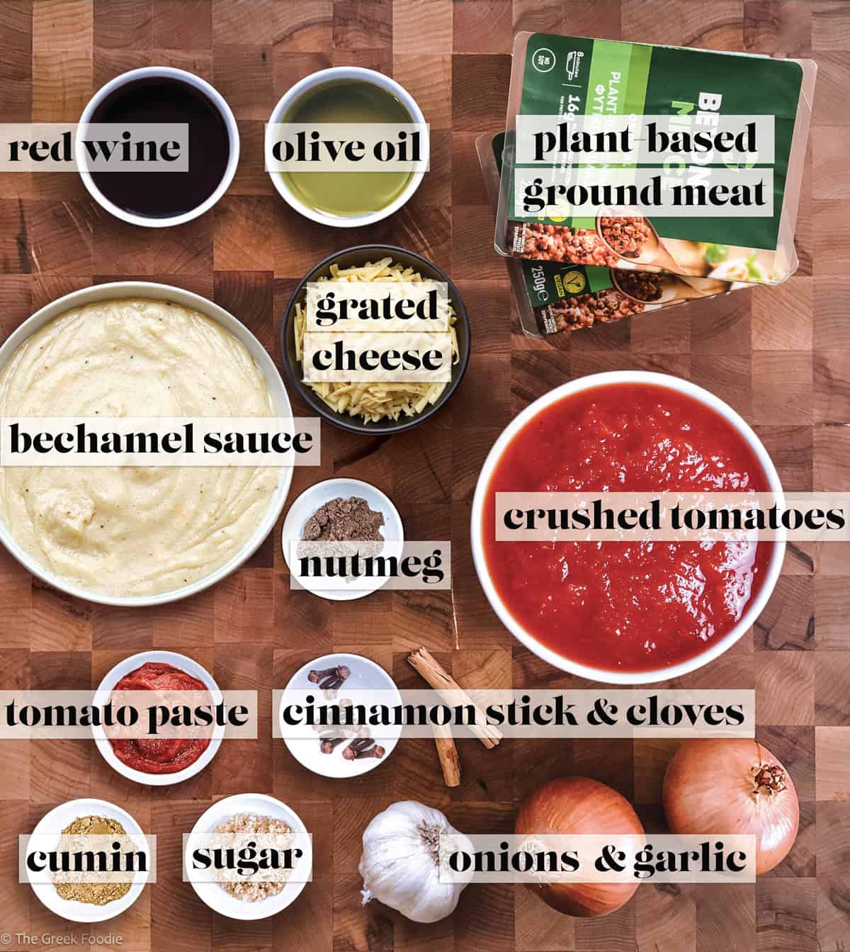 Ingredients to make vegetarian moussaka with plant based meat.