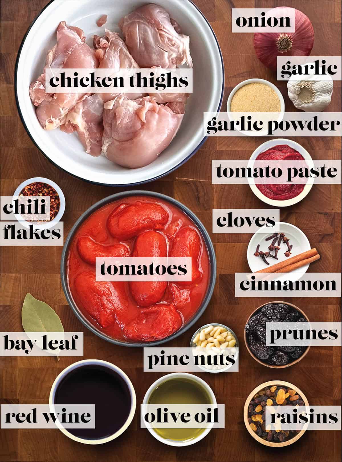 Ingredients to make Greek chicken kapamas.