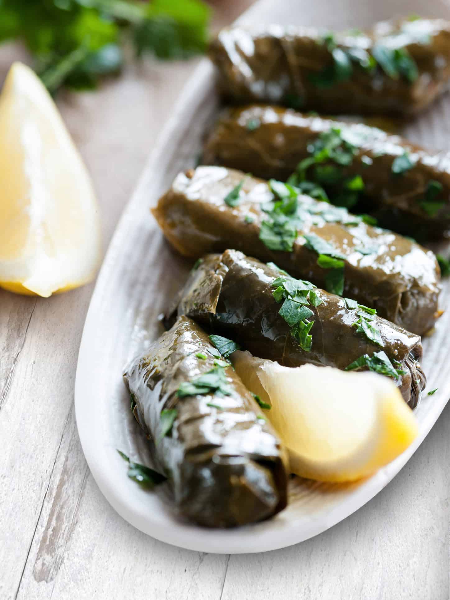 A plate with Greek dolmadakia-stuffed grape leaves and a small container with yogurt sauce.