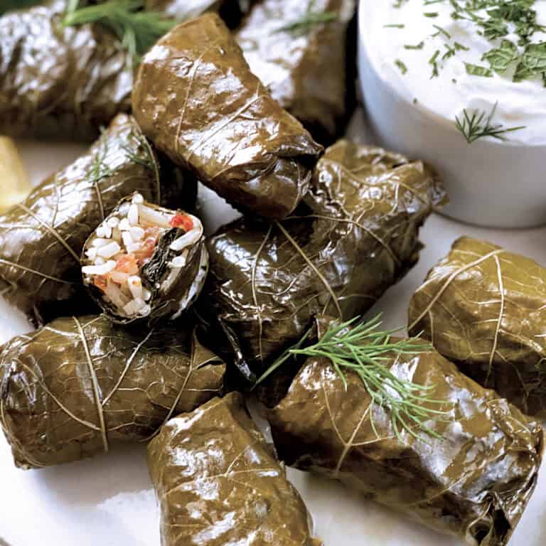 A plate with Greek dolmadakia-stuffed grape leaves and a small container with yogurt sauce.