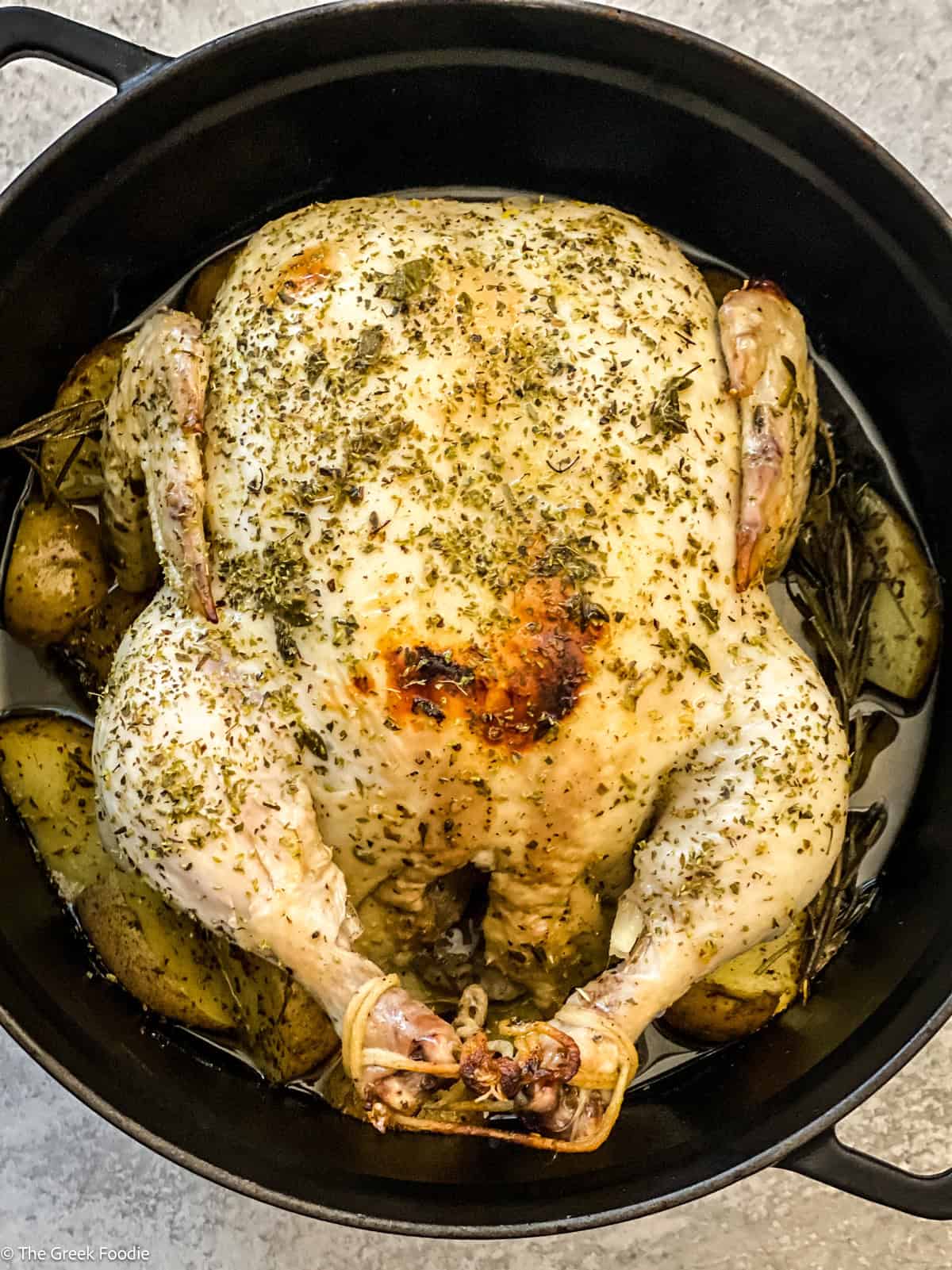 A chicken seasoned with fresh herbs in a black dutch oven.