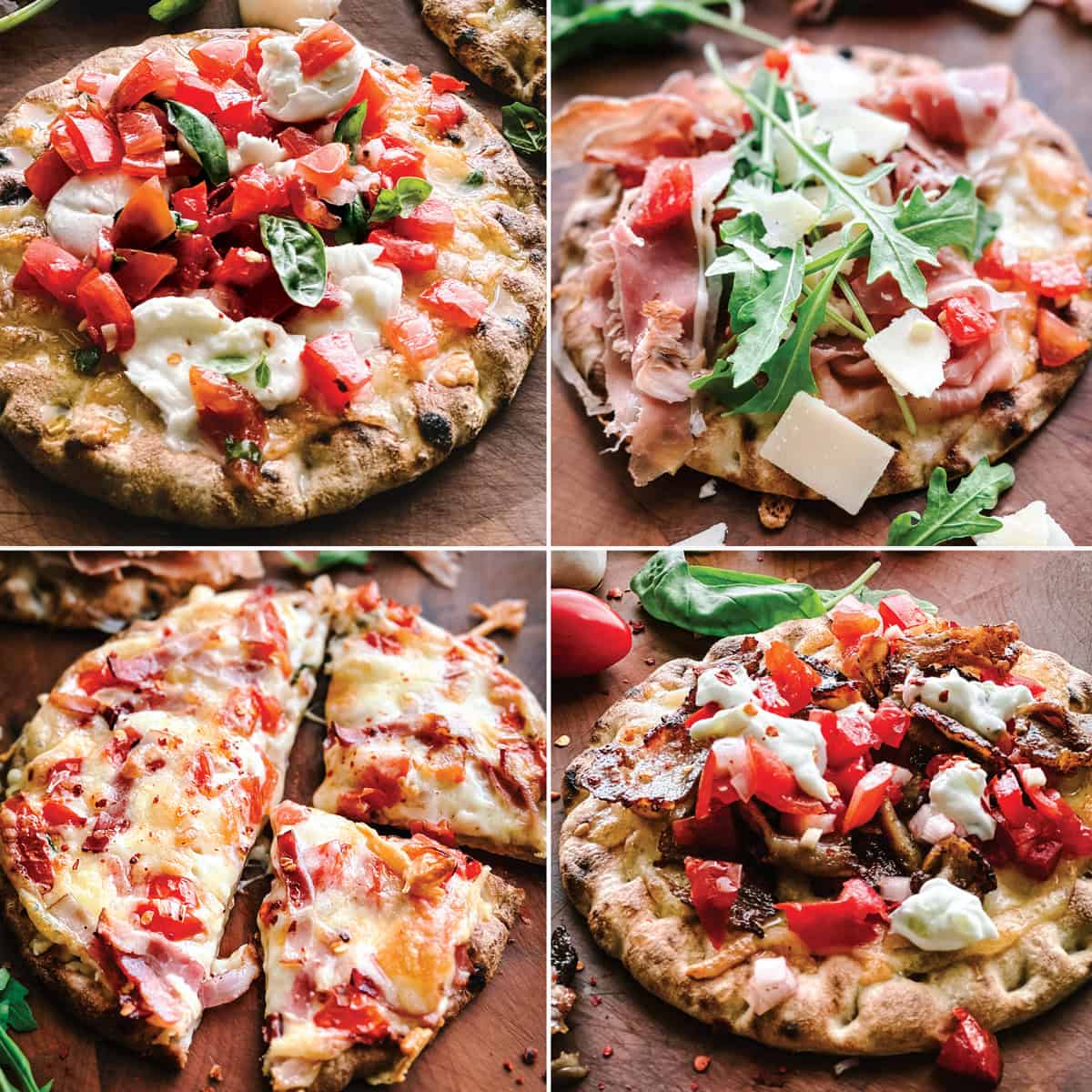 Four images with a bacon cheddar pita pizza, a gyro pita pizza, a prosciutto pita pizza and a buffalo mozzarella pizza.