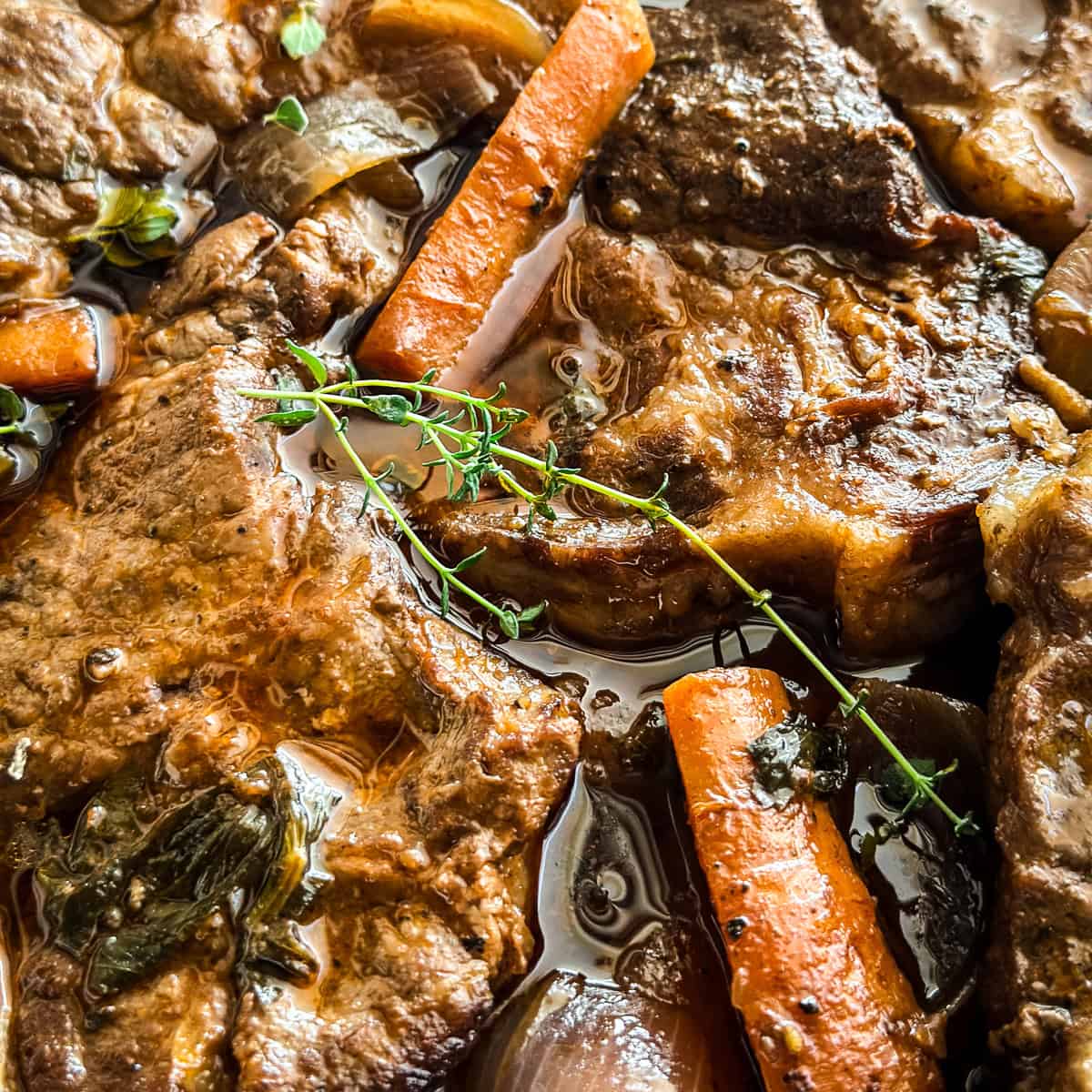 Sliced braised pork shoulder in a Dutch oven with carrots and celery in red wine sauce