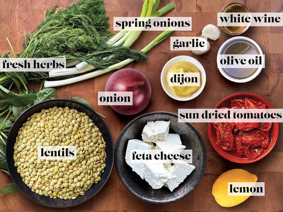 Lentils, herbs, onions, olive oil, garlic mustard, wine and sun-dried tomatoes, ingredients for greek lentil salad.