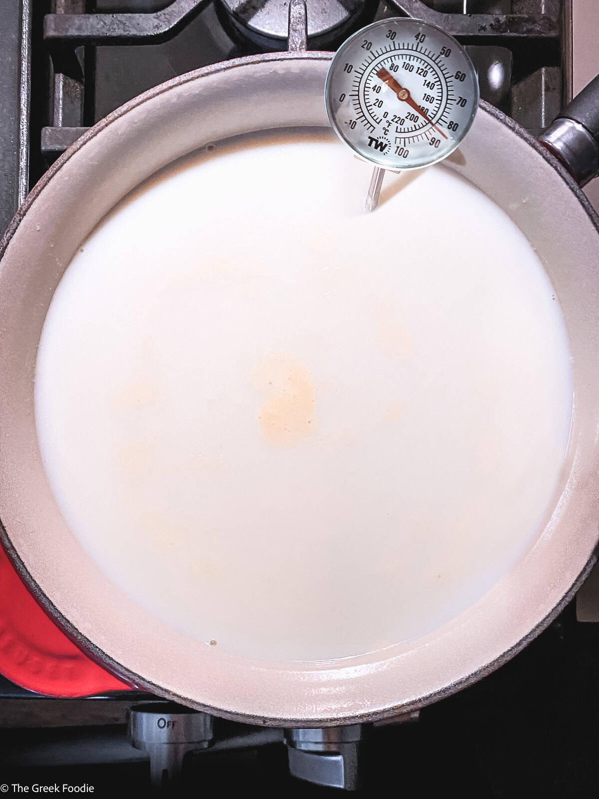 A big sauce pan with milk and a thermometer.