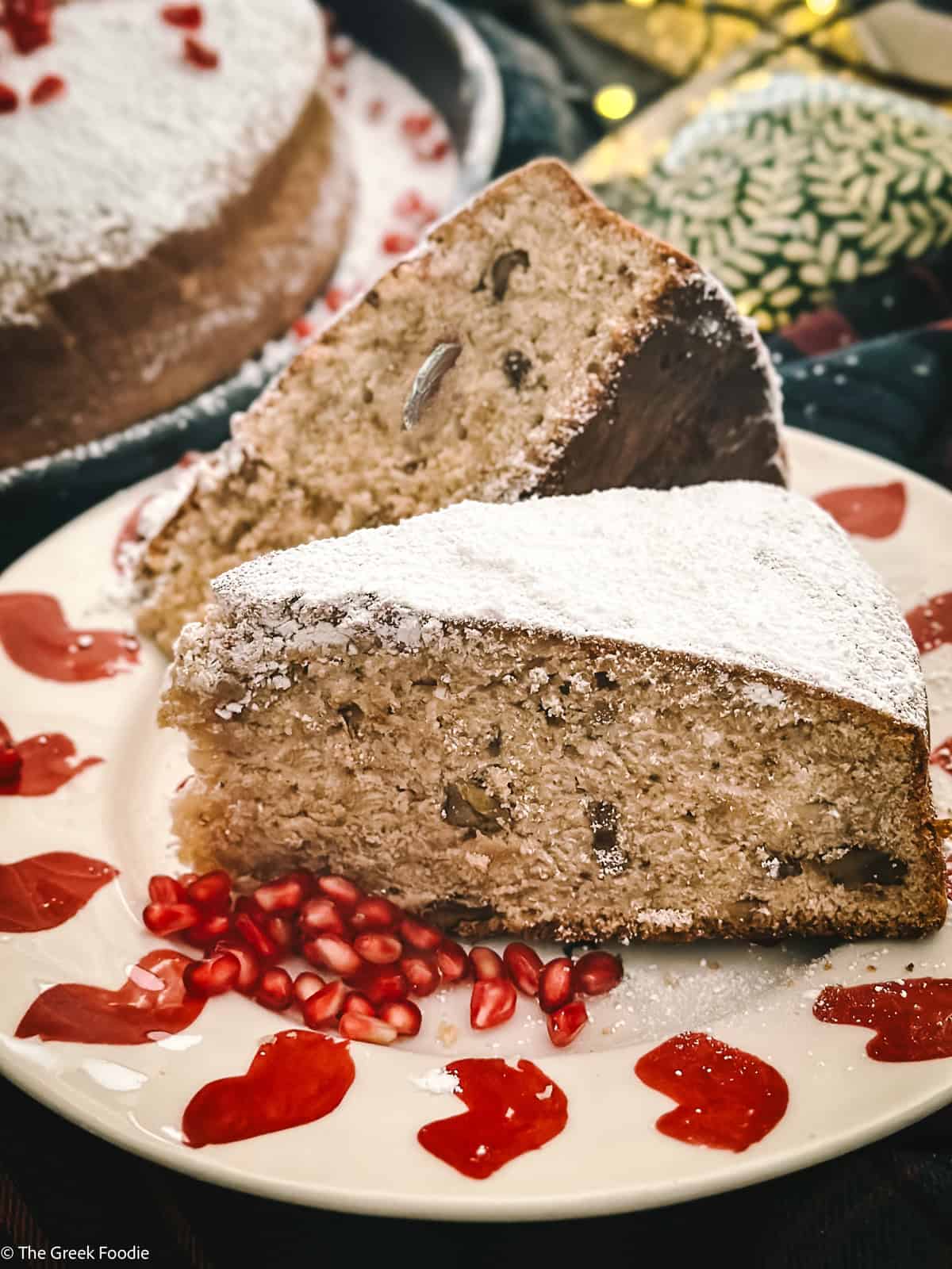 Two pieces of Vasilopita- Greek New Years Eve cake