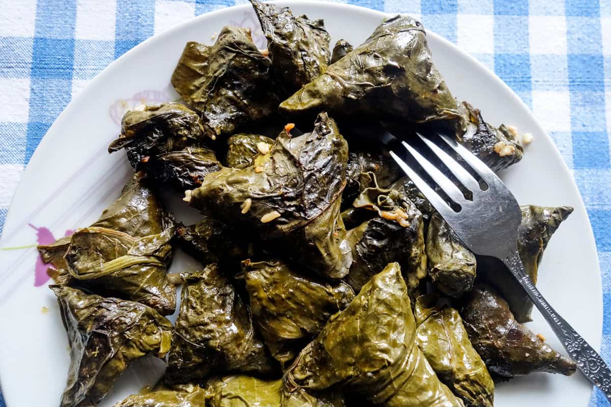 A plate with stuffed grape leaves and a fork.