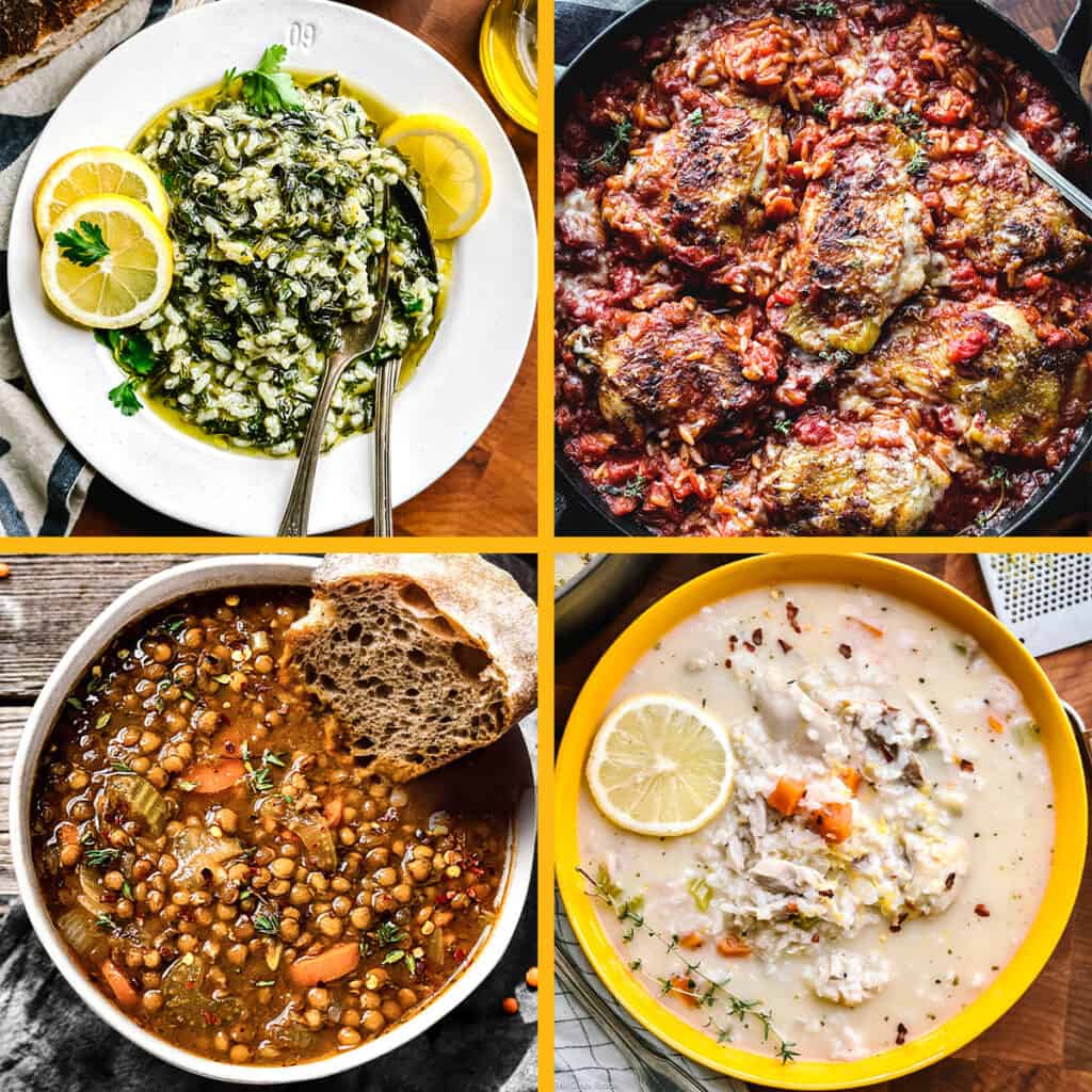 Four images of Greek comfort food, spanakorizo, youvesti, lentil soup and chicken soup.