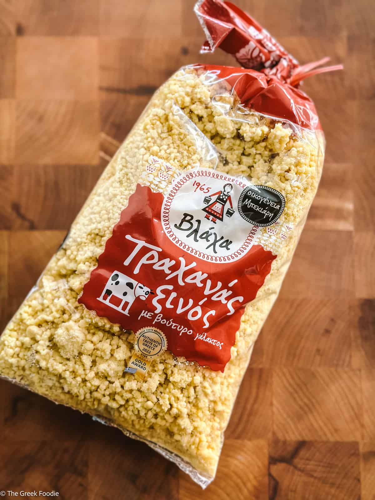 Packaged sour Greek trahanas made with milk and wheat, a traditional pantry ingredient used for creamy Greek trahanas soup.