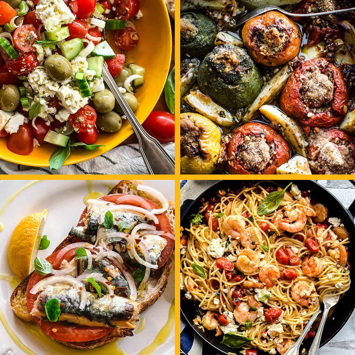 A collage of four Mediterannean summer recipes, cherry tomato salad, gemista, sardines on toast and shrimp spaghetti.