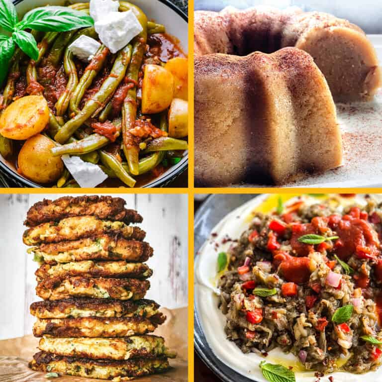 Collage of traditional Greek Lent dishes including green beans in tomato sauce, semolina halva cake, zucchini fritters, and eggplant dip.