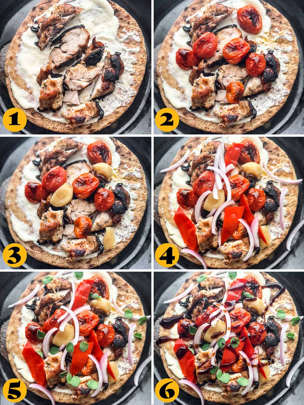 Step-by-step layering of Greek chicken pita with yogurt-feta spread, charred cherry tomatoes, roasted garlic, red pepper, and onion.