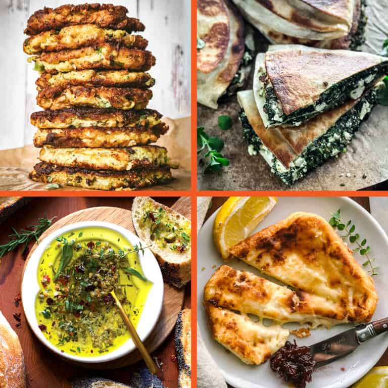 Four images of Greek appetizers, zucchini fritters, spanakopita wraps, bread dipping oil and saganaki cheese.
