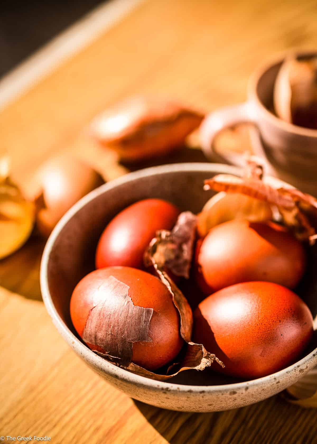 Easter eggs dyed naturally with red onion skins