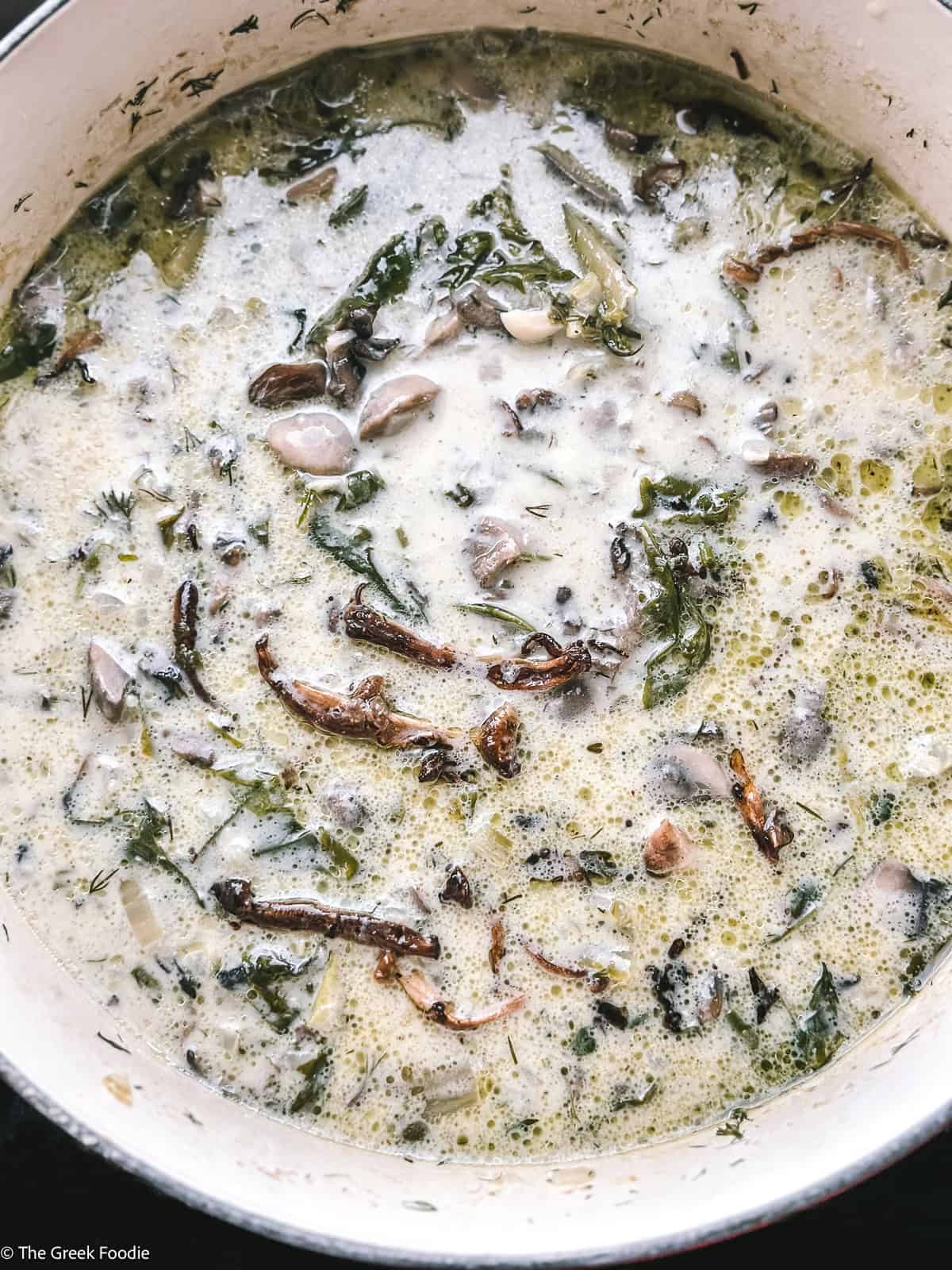 Mushroom magiritsa finished with silky avgolemono egg lemon sauce