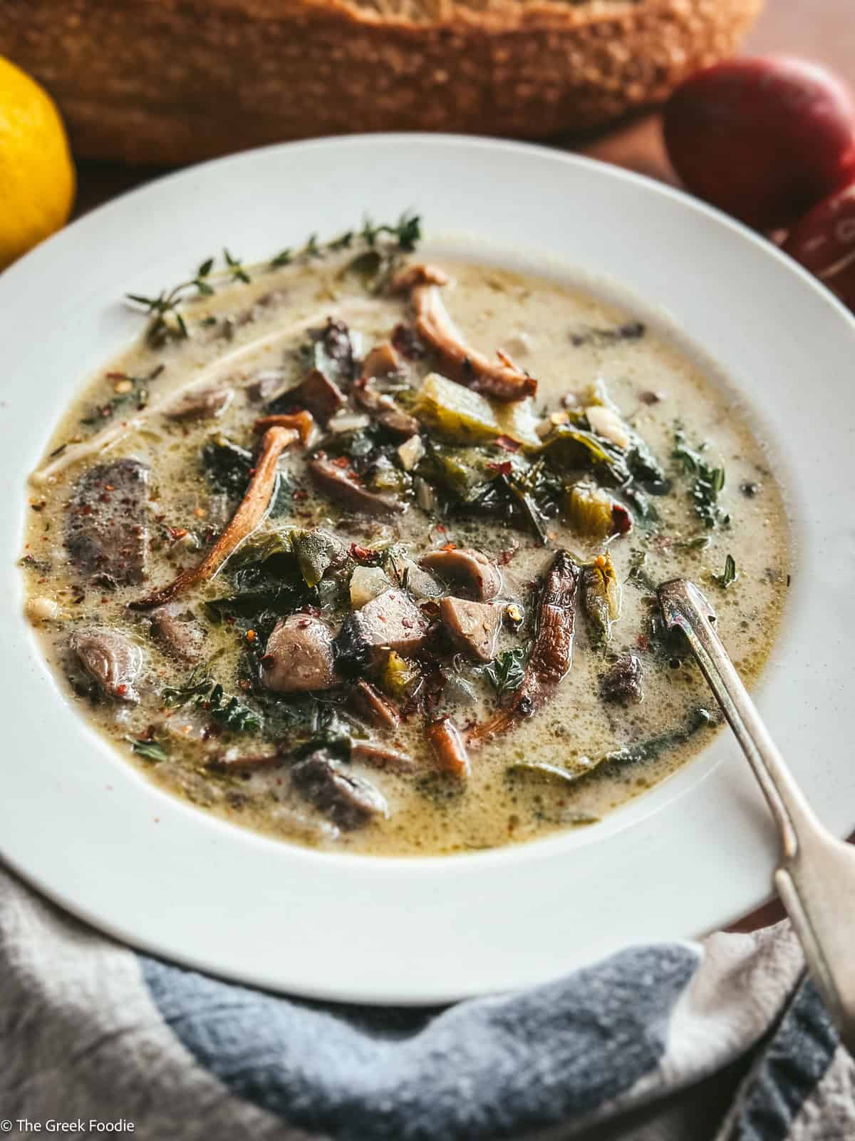 Mushroom soup without cream finished with Greek avgolemono egg lemon sauce