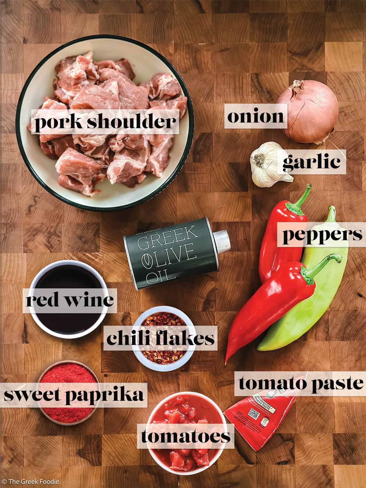 All you need to make Greek pork bites in a wine sauce, also called Bekri meze