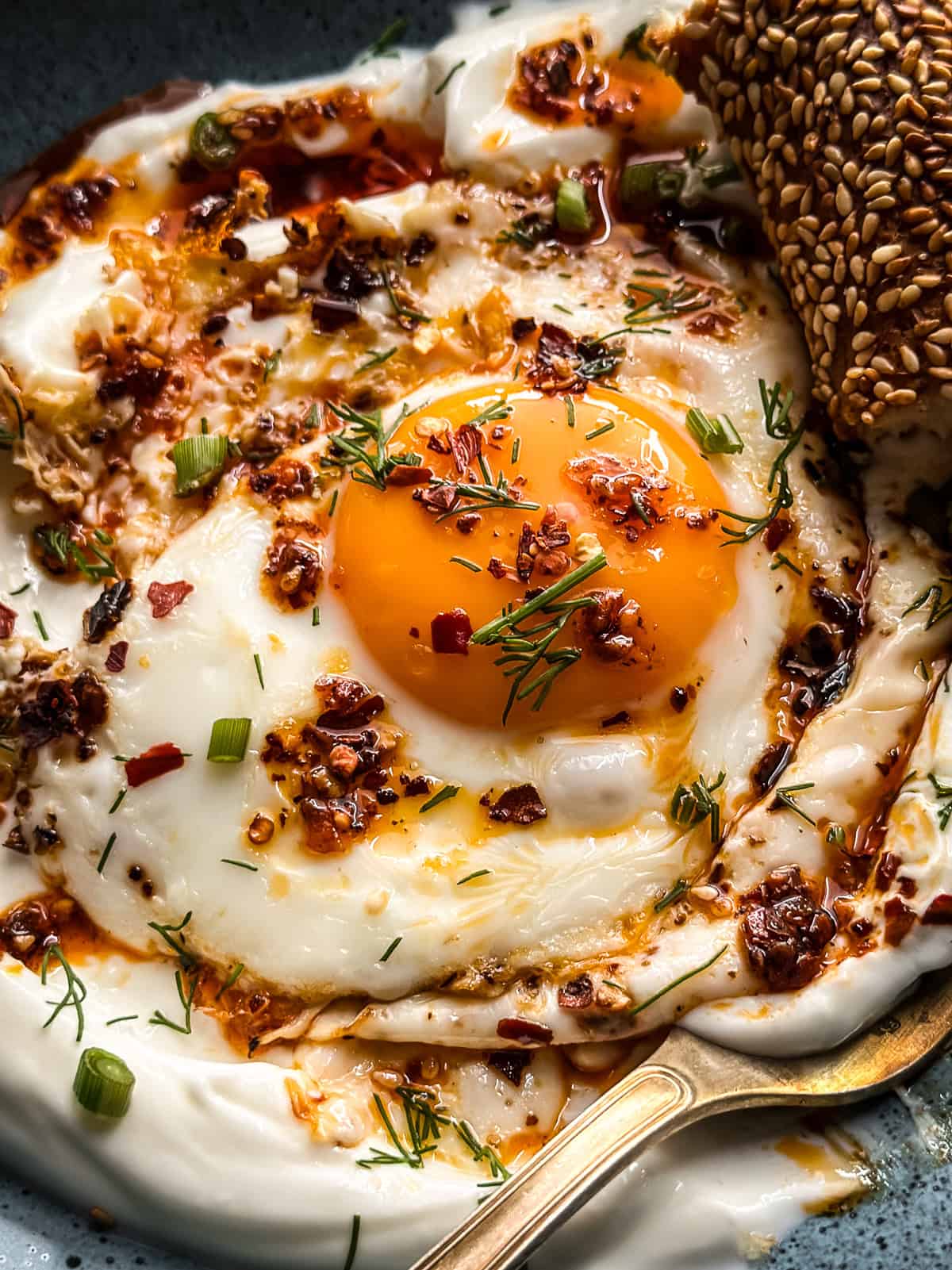 Greek yogurt eggs in a blue bowl, topped with a fried egg, chili oil, and dill, served with sesame bread