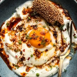 Runny egg yolk over strained Greek yogurt, finished with chili flakes and fresh dill