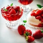 Macerated strawberries in a glass coupe beside a pavlova topped with strawberries