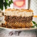 Side view of a pastitsio slice showing three layers: tubular pasta, beef ragù, and golden béchamel