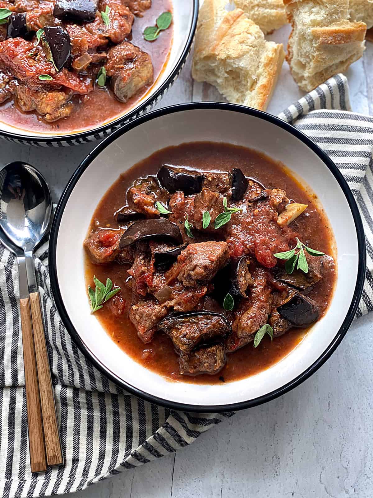 A bowl of old-fashioned Greek beef stew with eggplant.