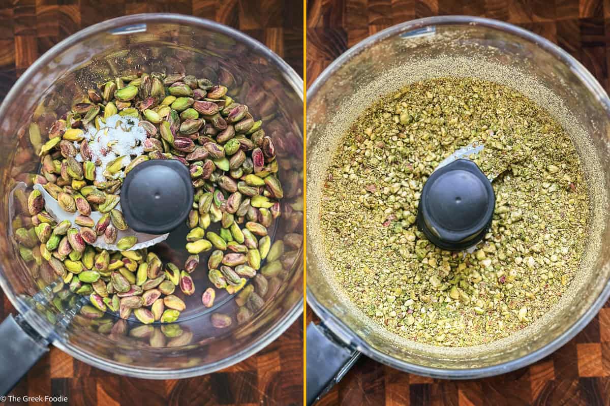 Whole shelled pistachios with sugar in a food processor, and the same nuts ground coarse for baklava filling