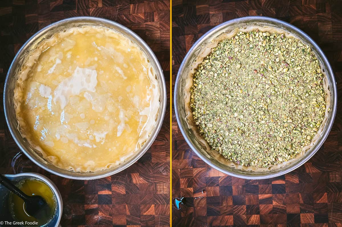 Buttered phyllo layers in a round pan, then covered with an even layer of ground pistachios