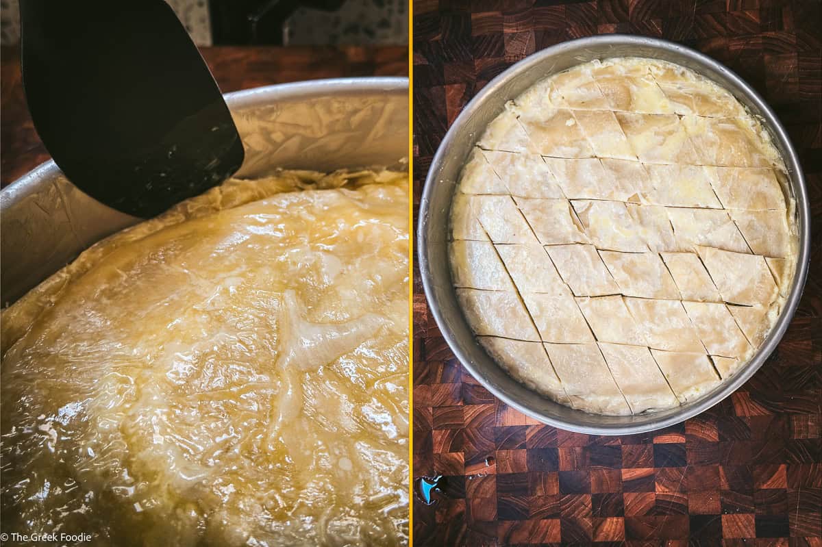Buttered phyllo layers in a round pan, then covered with an even layer of ground pistachios