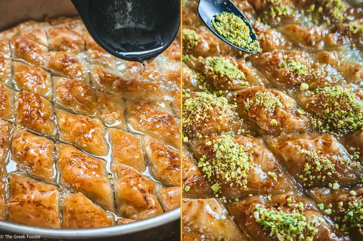 Hot lemon syrup poured over baked pistachio baklava, then ground pistachios scattered over each diamond
