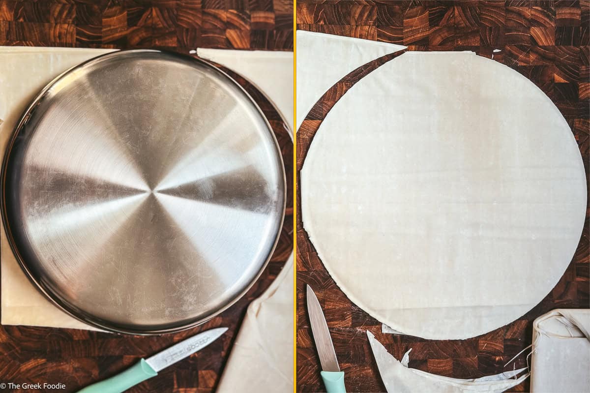 Cutting phyllo to size using a round baking pan as a template, and the trimmed circle beside the offcuts